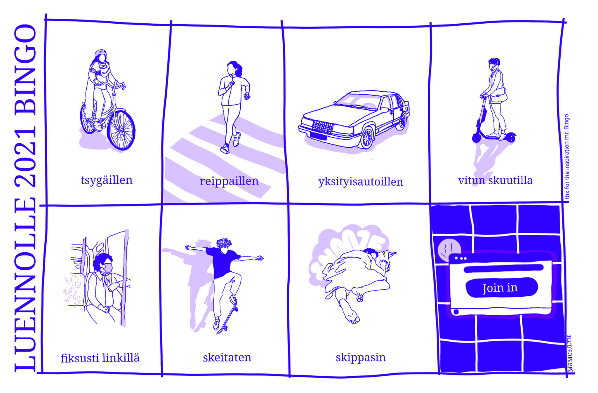 Ajankuva: Luennolle 2021 bingo. Piirroksessa on kahdeksan ruutua tavoista, joilla mennä luennolle: Tsygäillen, reippaillen, yksityisautoillen, vitun skuutilla, fiksusti linkillä, keitaten, skippasin, sekä Join in (Zoom-luento) Eveliina Rissanen